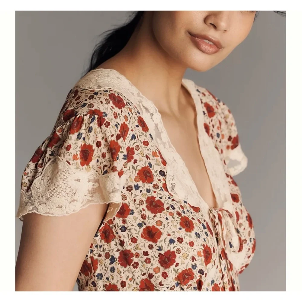 RIXO lace trimmed Floral Red and Cream miniDress NEW - Picture 8 of 15